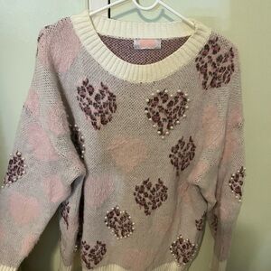 Charming Heart Pattern Sweater in Pink and Cream